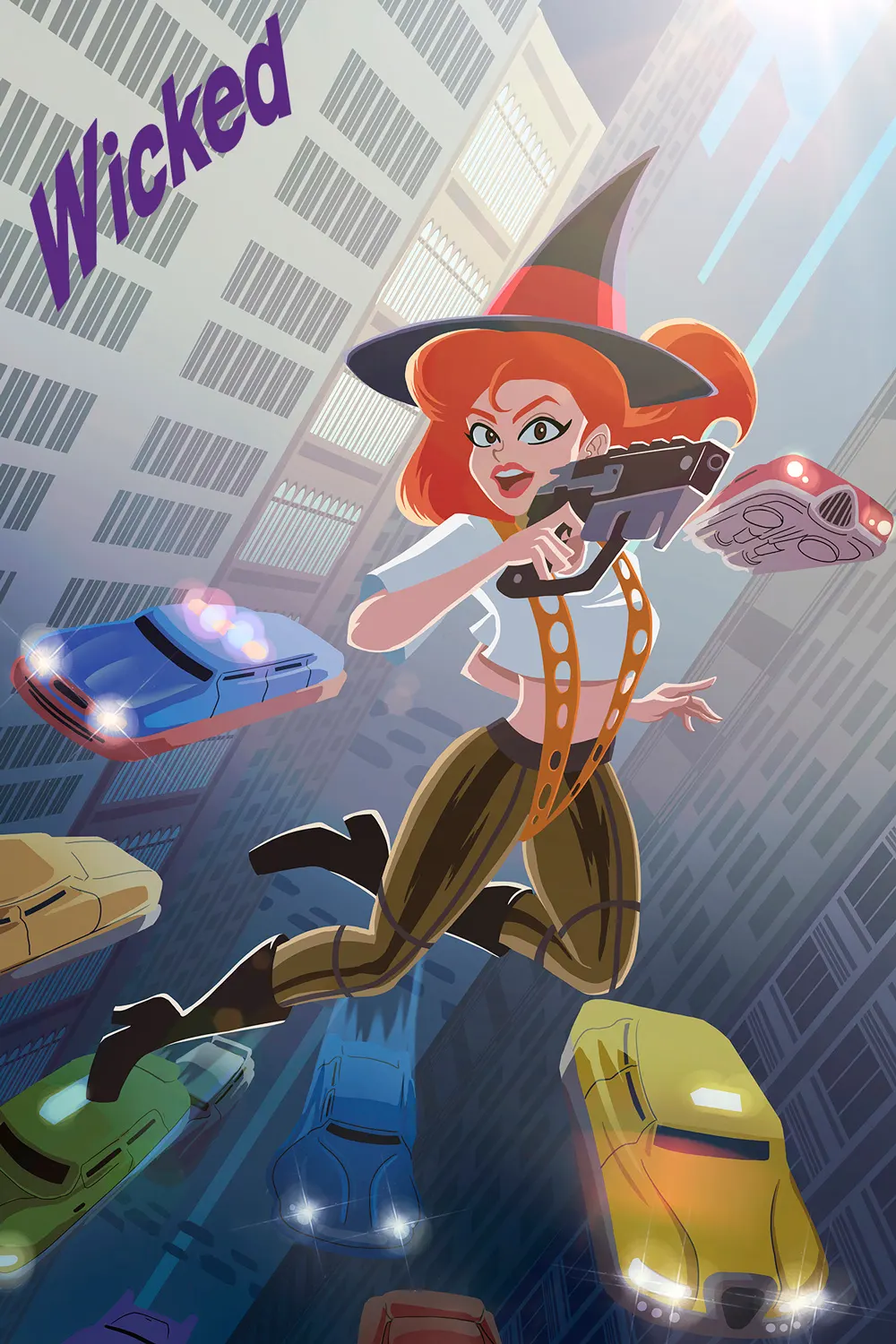 Pendon con ilustración a color y acabados de suavizante Wicked.