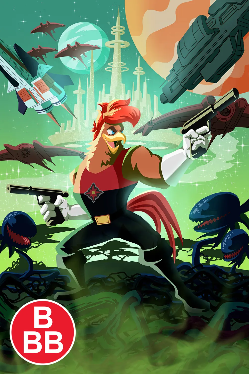 Ilustración color y acabados de el personaje Gallo Beto inspirado en pelicula de SciFi