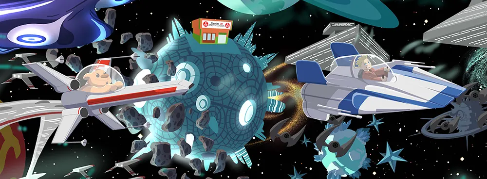 Mural con personajes adaptados a otro fondo para reducir recursos y costos.