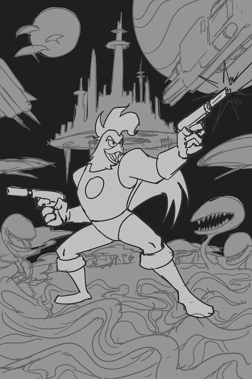 Boceto de mascota de la marca "Gallo Beto"